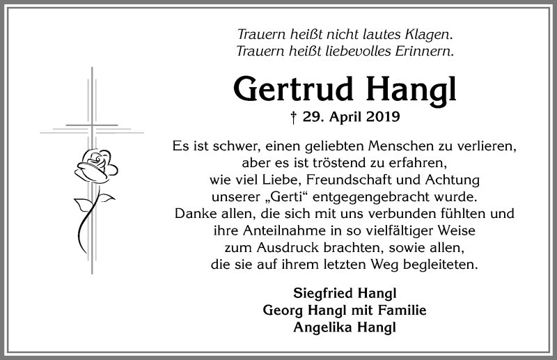 Traueranzeige von Gertrud Hangl von Allgäuer Anzeigeblatt
