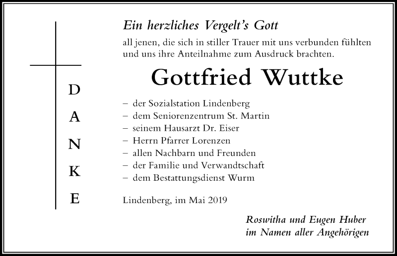 Traueranzeige von Gottfried Wuttke von Der Westallgäuer