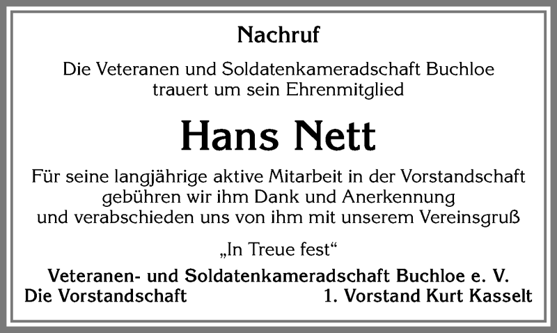 Traueranzeige von Hans Nett von Allgäuer Zeitung, Kaufbeuren/Buchloe