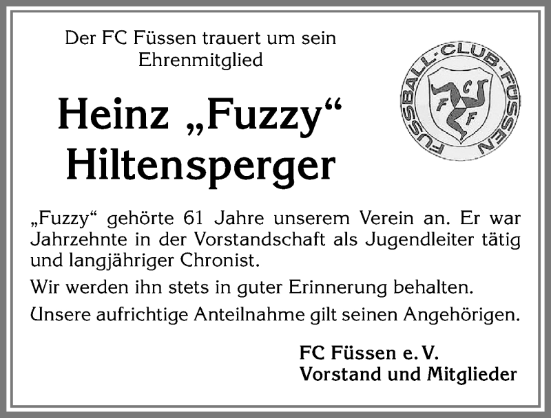 Traueranzeige von Heinz Hiltensperger von Allgäuer Zeitung, Füssen