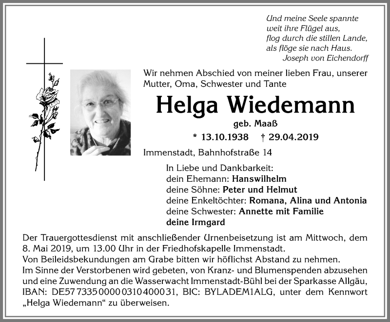 Traueranzeige von Helga Wiedemann von Allgäuer Anzeigeblatt