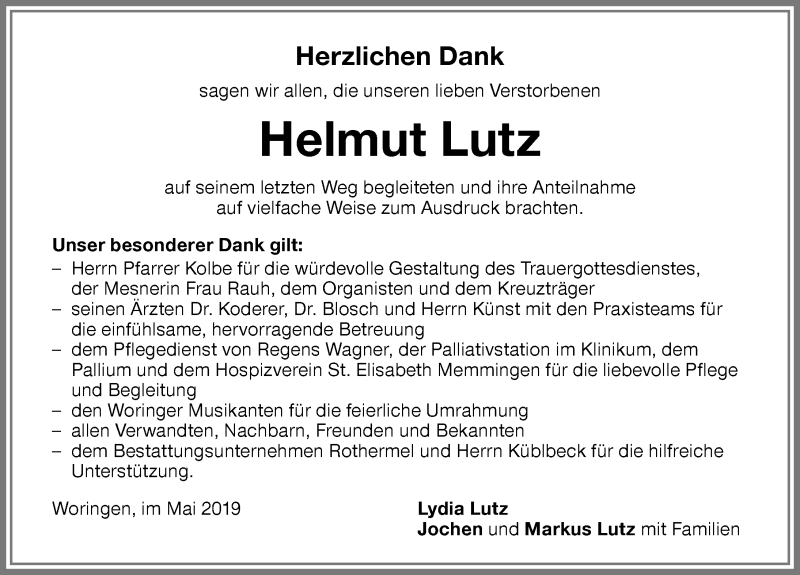 Traueranzeige von Helmut Lutz von Memminger Zeitung