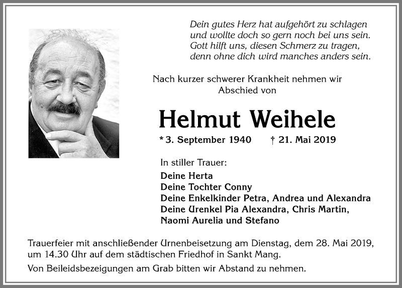 Traueranzeige von Helmut Weihele von Allgäuer Zeitung,Kempten