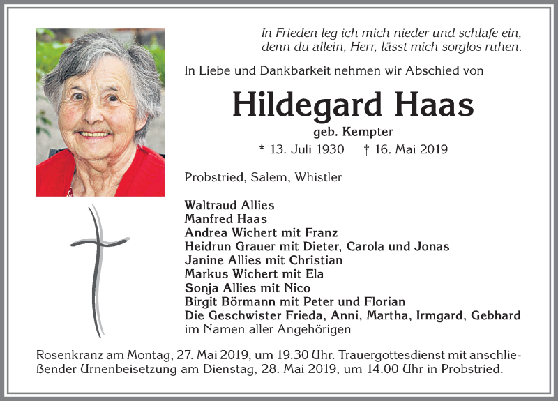 Traueranzeige von Hildegard Haas von Allgäuer Zeitung,Kempten