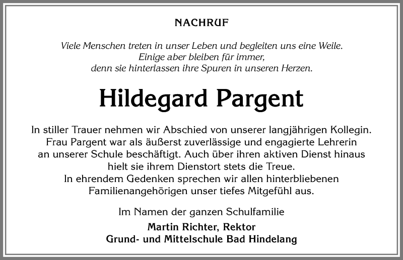 Traueranzeige von Hildegard Pargent von Allgäuer Anzeigeblatt