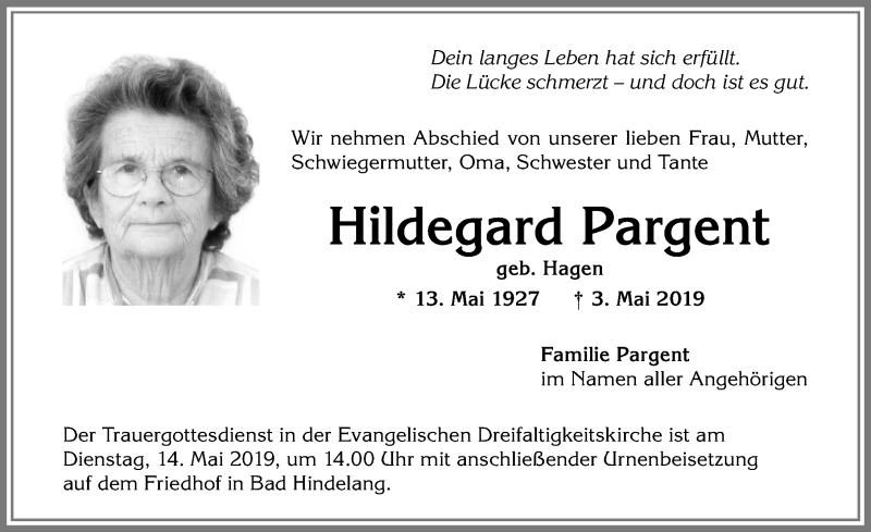 Traueranzeige von Hildegard Pargent von Allgäuer Anzeigeblatt