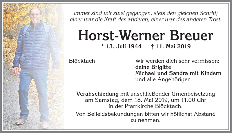 Traueranzeige von Horst-Werner Breuer von Allgäuer Zeitung, Kaufbeuren/Buchloe