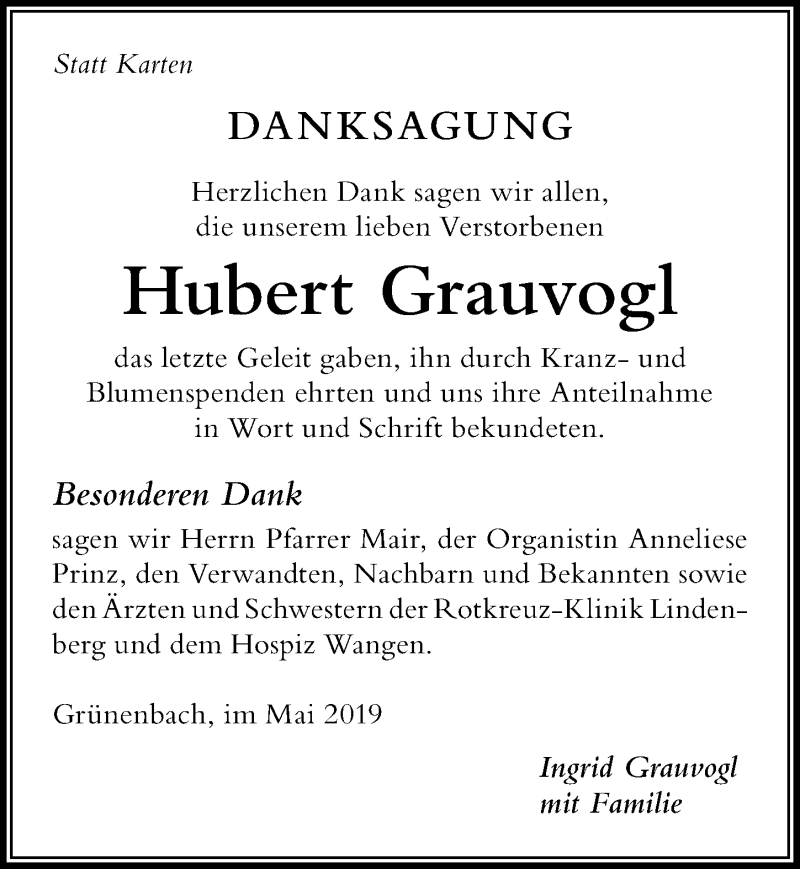 Traueranzeige von Hubert Grauvogl von Der Westallgäuer
