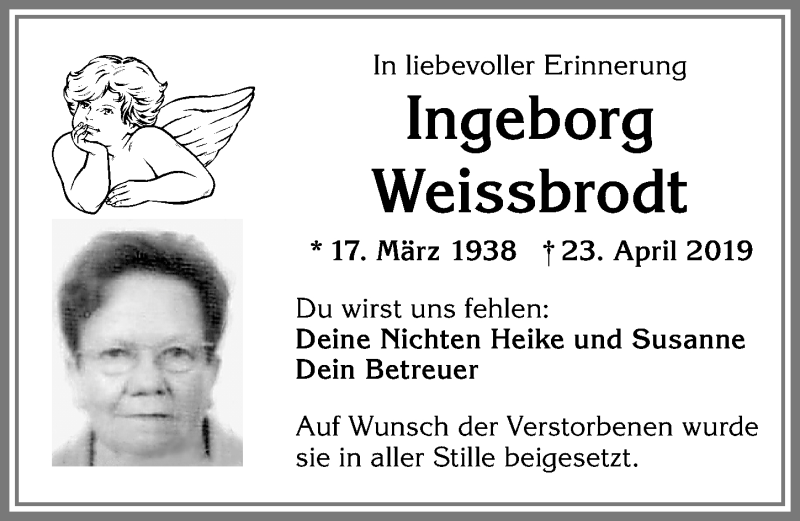 Traueranzeige von Ingeborg Weissbrodt von Allgäuer Zeitung, Kaufbeuren/Buchloe