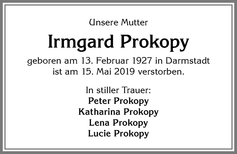 Traueranzeige von Irmgard Prokopy von Allgäuer Zeitung,Kempten