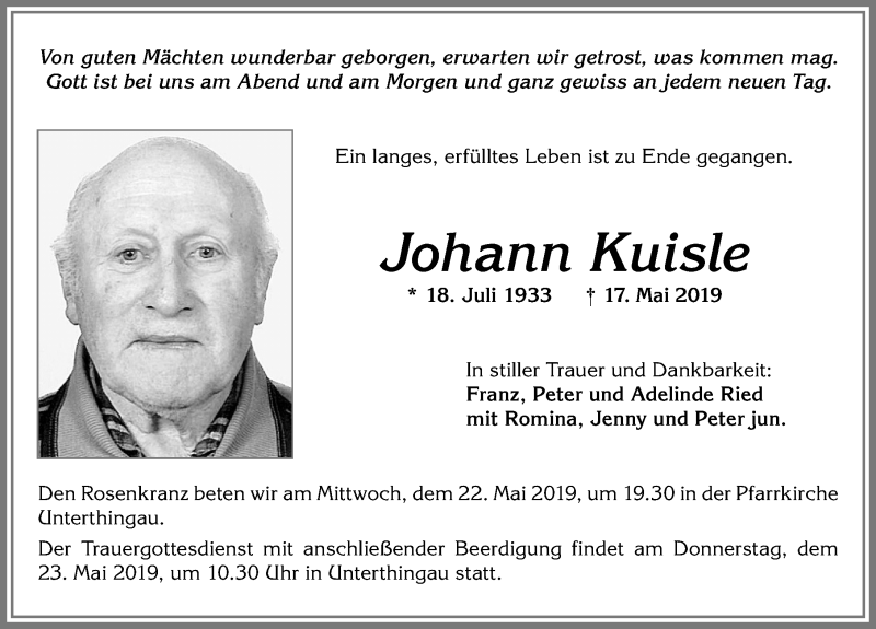 Traueranzeige von Johann Kuisle von Allgäuer Zeitung, Marktoberdorf