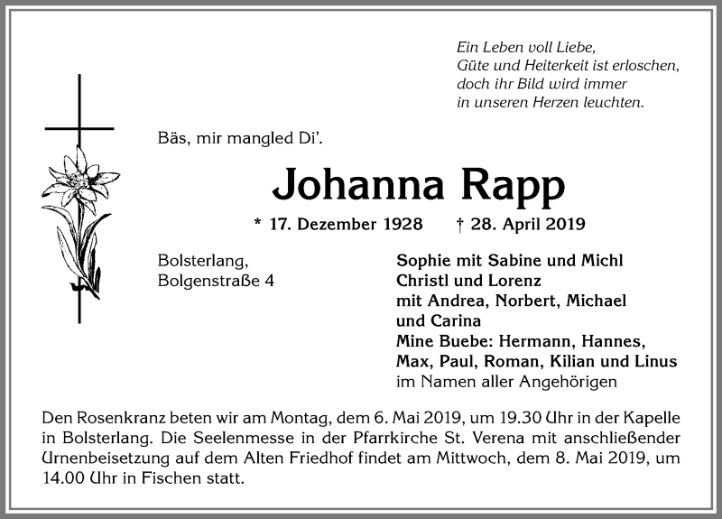 Traueranzeige von Johanna Rapp von Allgäuer Anzeigeblatt