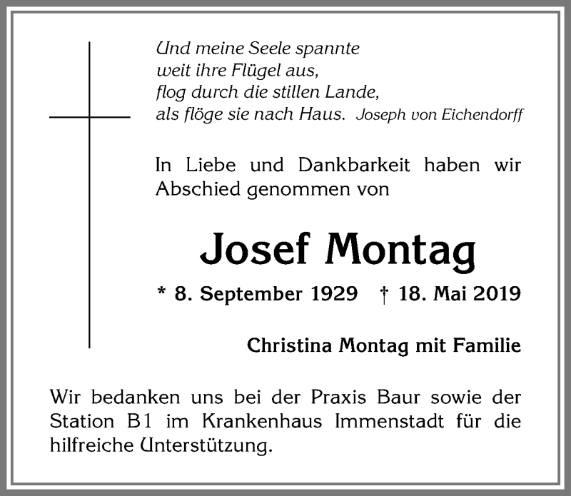 Traueranzeige von Josef Montag von Allgäuer Anzeigeblatt