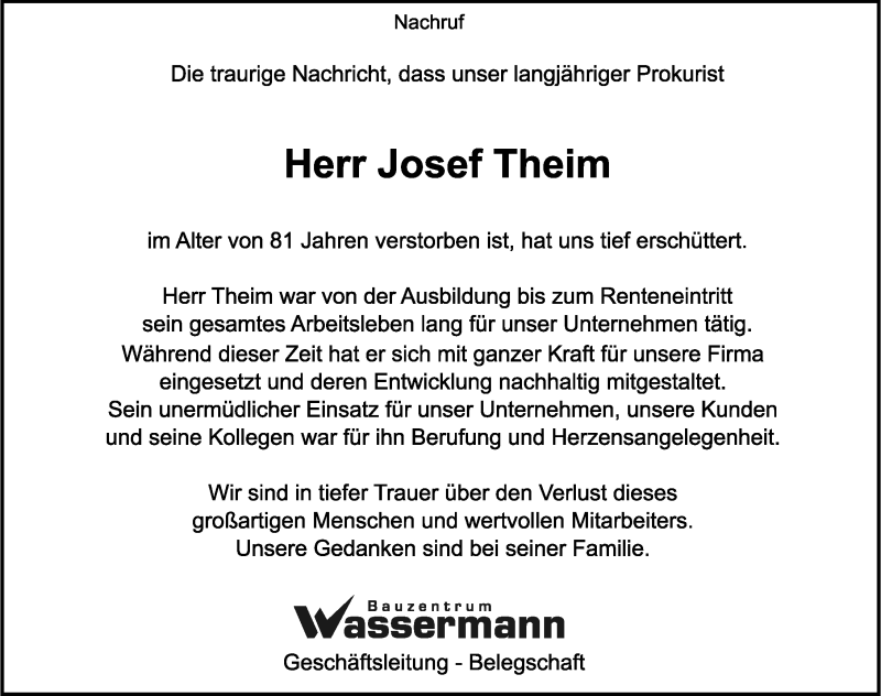 Traueranzeige von Josef Theim von Memminger Zeitung