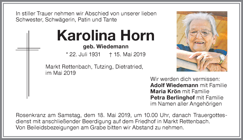 Traueranzeige von Karolina Horn von Memminger Zeitung