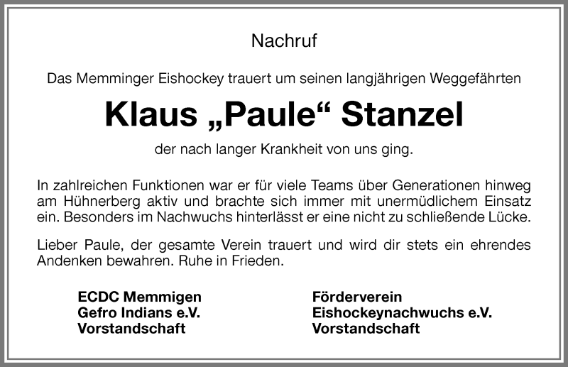 Traueranzeige von Klaus Stanzel von Memminger Zeitung