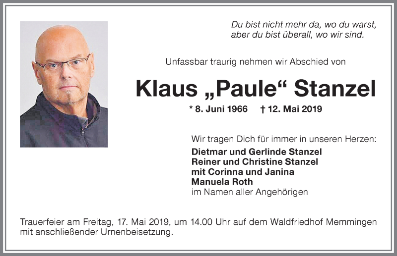 Traueranzeige von Klaus Stanzel von Memminger Zeitung