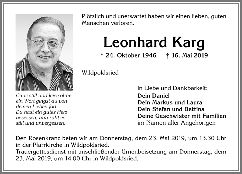 Traueranzeige von Leonhard Karg von Allgäuer Zeitung,Kempten