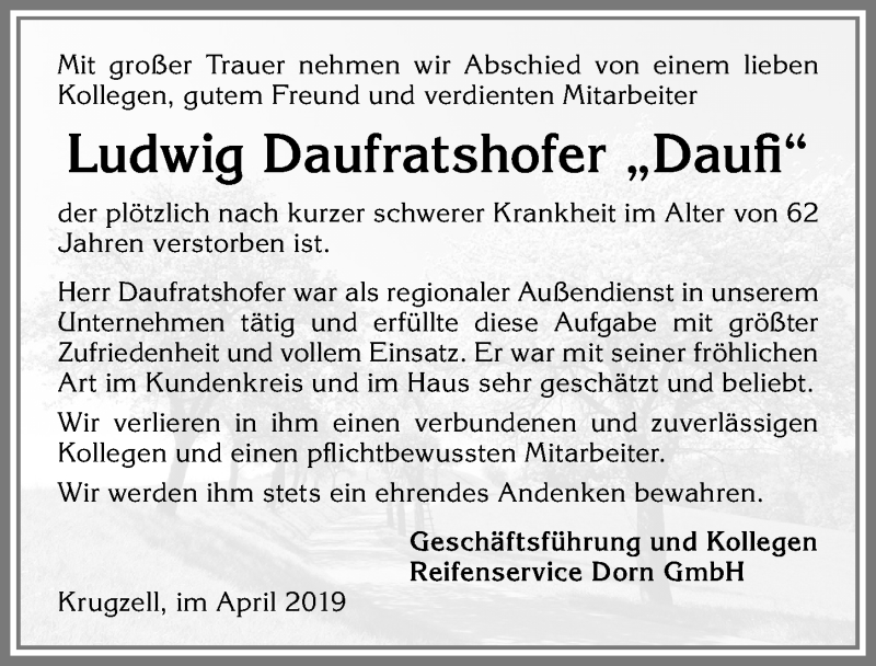Traueranzeige von Ludwig Daufratshofer von Allgäuer Zeitung
