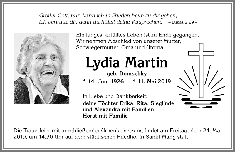 Traueranzeige von Lydia Martin von Allgäuer Zeitung,Kempten