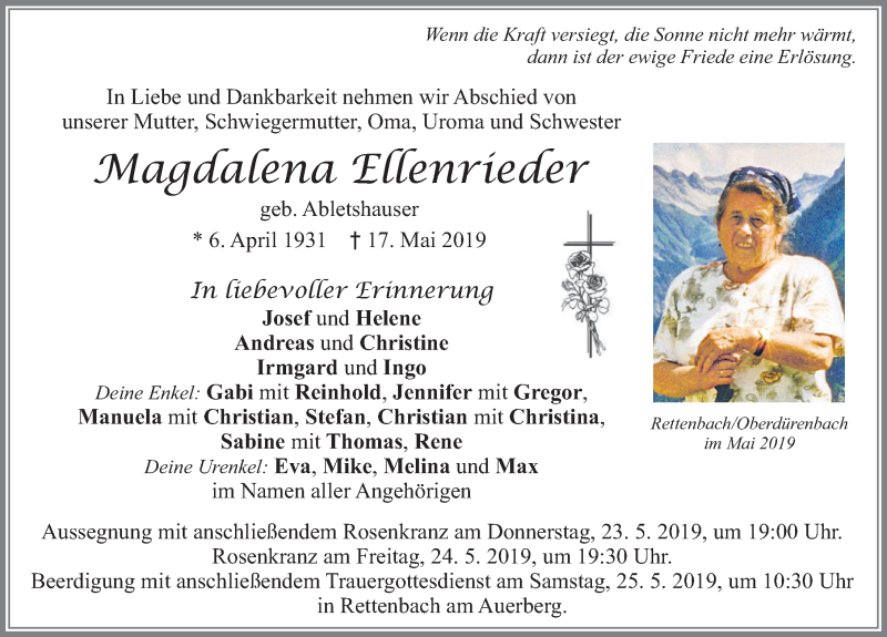 Traueranzeige von Magdalena Ellenrieder von Allgäuer Zeitung, Marktoberdorf