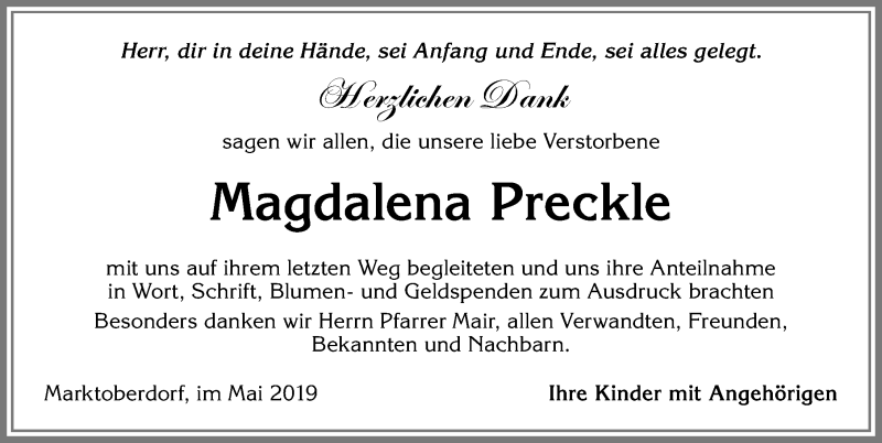 Traueranzeige von Magdalena Preckle von Allgäuer Zeitung, Marktoberdorf
