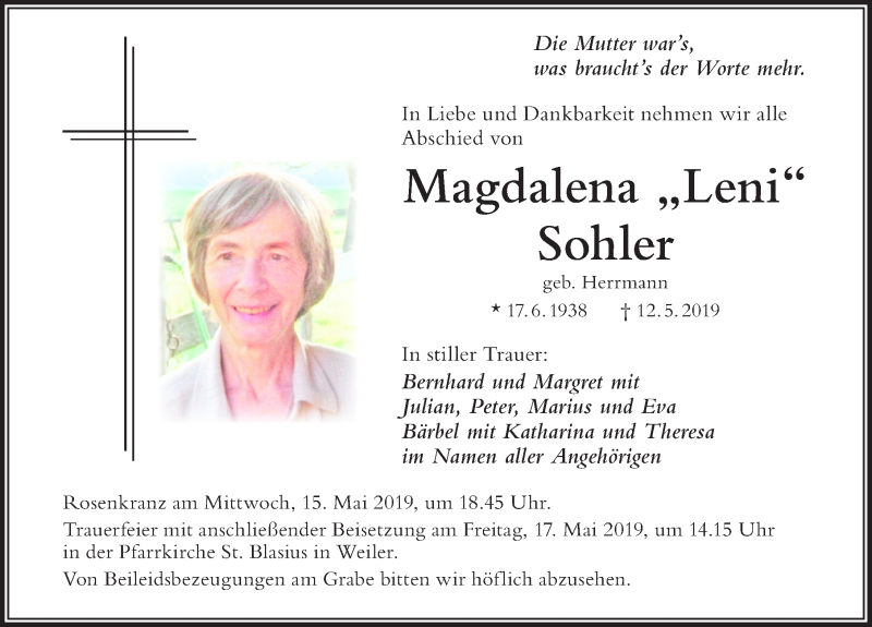 Traueranzeige von Magdalena Sohler von Der Westallgäuer