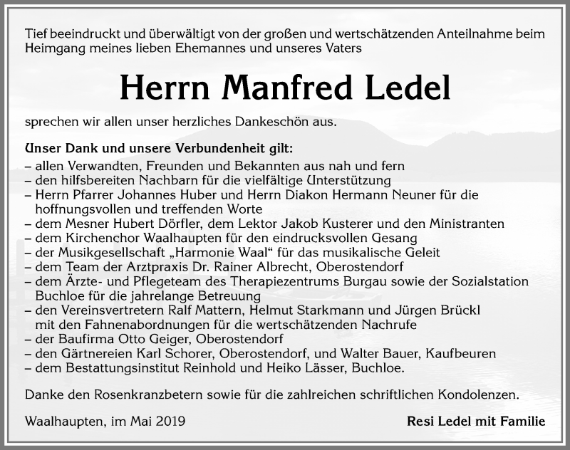 Traueranzeige von Manfred Ledel von Allgäuer Zeitung, Kaufbeuren/Buchloe