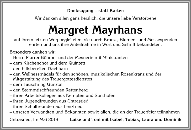 Traueranzeige von Margret Mayrhans von Allgäuer Zeitung