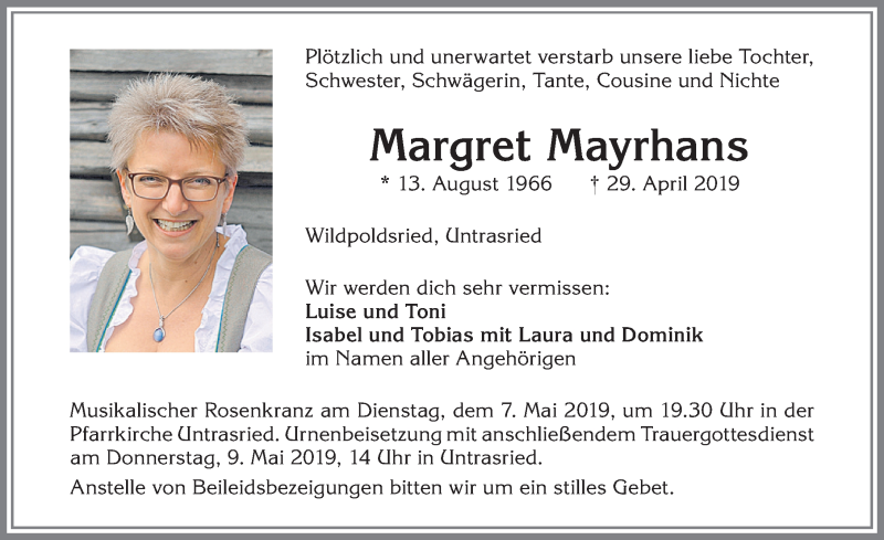 Traueranzeige von Margret Mayrhans von Allgäuer Zeitung