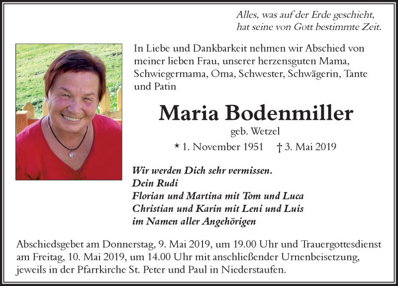 Traueranzeige von Maria Bodenmiller von Der Westallgäuer