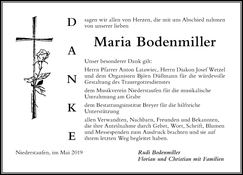 Traueranzeige von Maria Bodenmiller von Der Westallgäuer