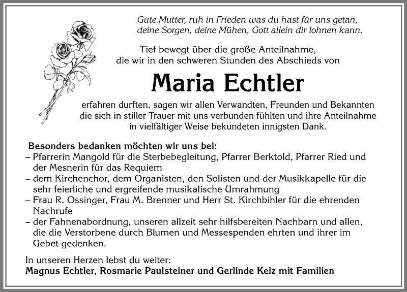 Traueranzeige von Maria Echtler von Allgäuer Zeitung, Marktoberdorf