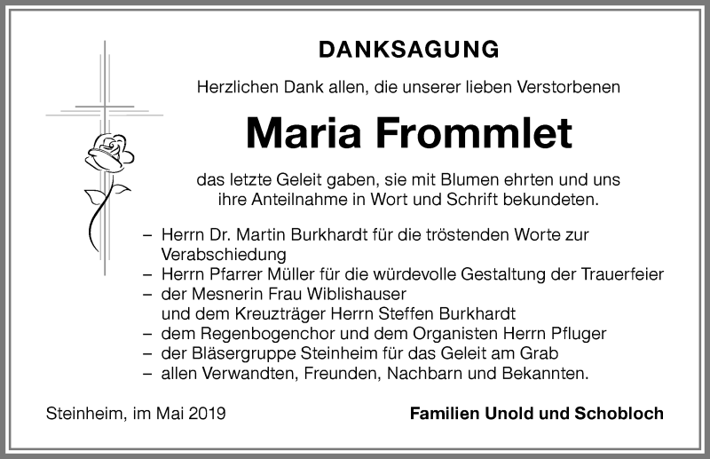 Traueranzeige von Maria Frommlet von Memminger Zeitung
