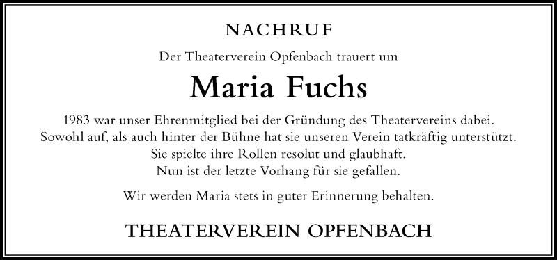 Traueranzeige von Maria Fuchs von Der Westallgäuer