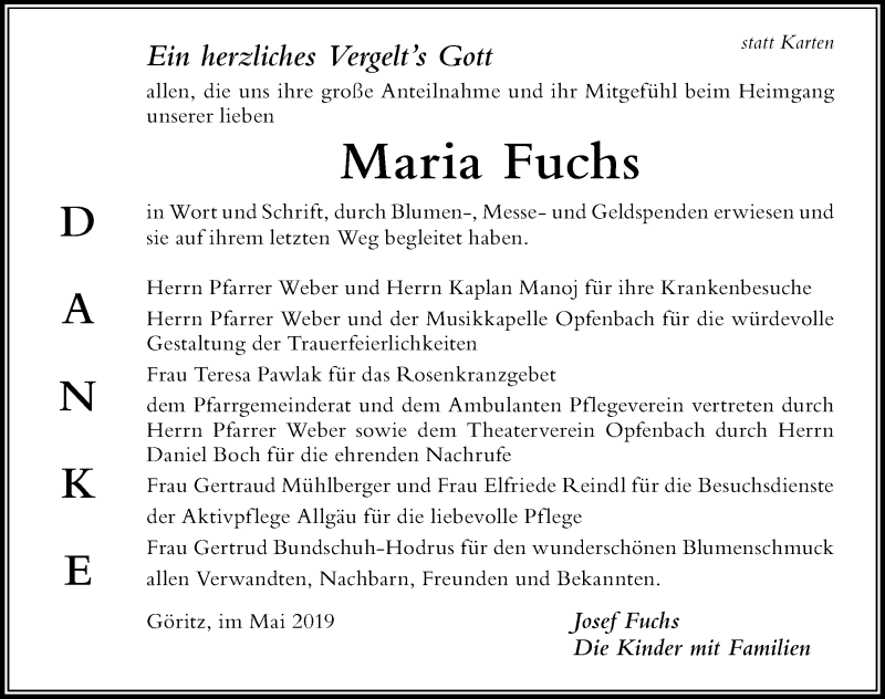 Traueranzeige von Maria Fuchs von Der Westallgäuer