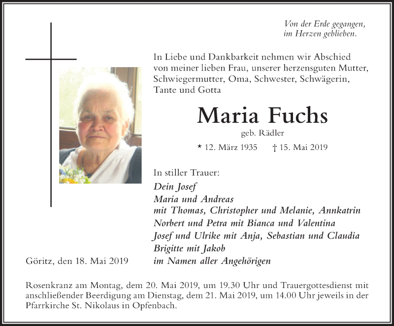 Traueranzeige von Maria Fuchs von Der Westallgäuer