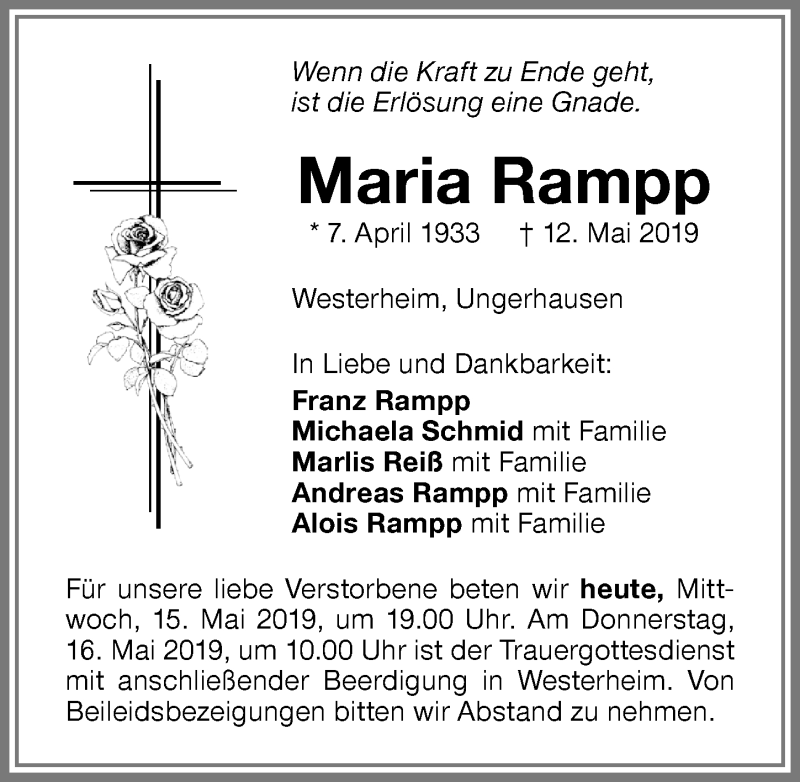 Traueranzeige von Maria Rampp von Memminger Zeitung