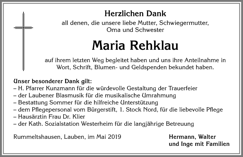 Traueranzeige von Maria Rehklau von Memminger Zeitung