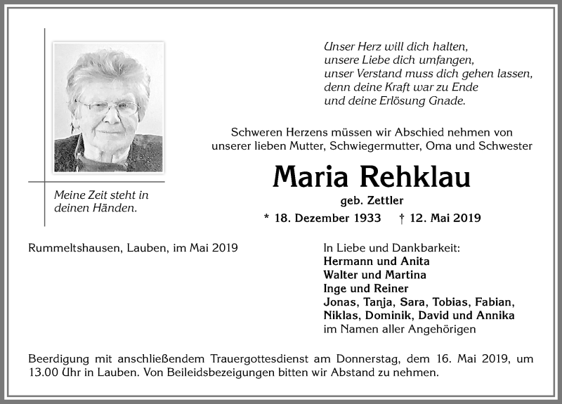 Traueranzeige von Maria Rehklau von Memminger Zeitung