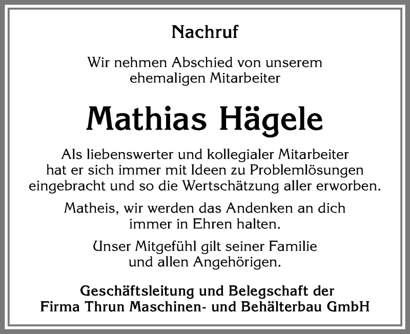 Traueranzeige von Mathias Hägele von Allgäuer Zeitung, Füssen