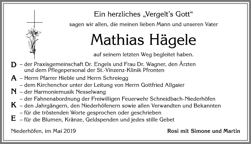 Traueranzeige von Mathias Hägele von Allgäuer Zeitung, Füssen