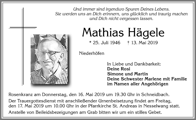 Traueranzeige von Mathias Hägele von Allgäuer Zeitung, Füssen