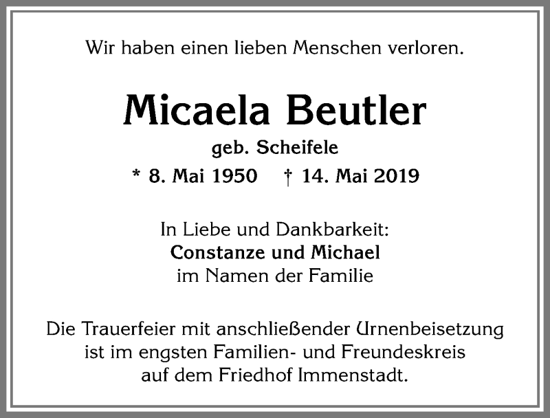 Traueranzeige von Micaela Beutler von Allgäuer Anzeigeblatt