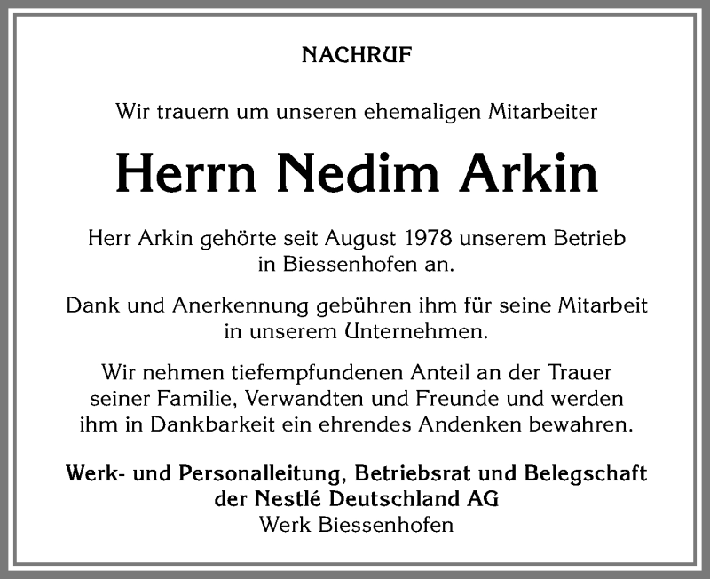 Traueranzeige von Nedim Arkin von Allgäuer Zeitung