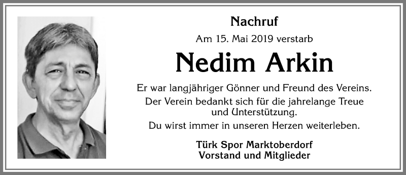 Traueranzeige von Nedim Arkin von Allgäuer Zeitung, Marktoberdorf