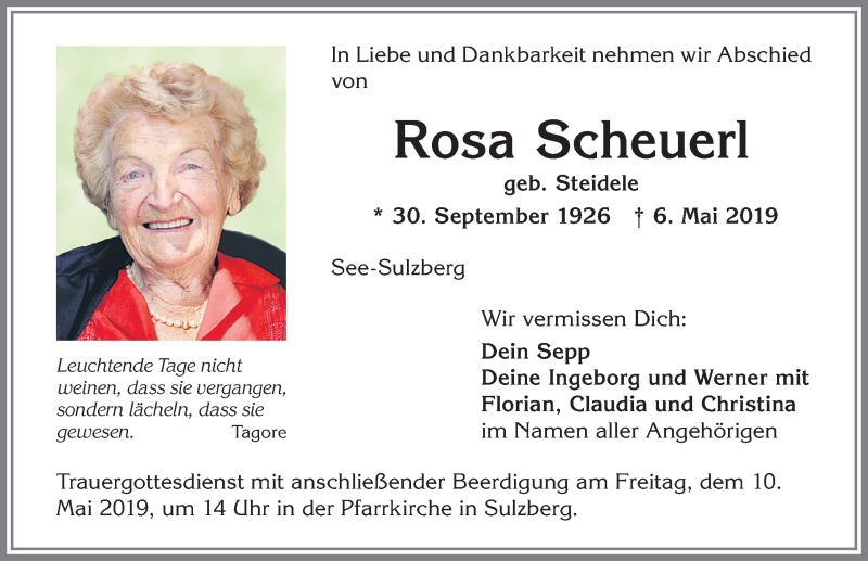 Traueranzeige von Rosa Scheuerl von Allgäuer Zeitung,Kempten