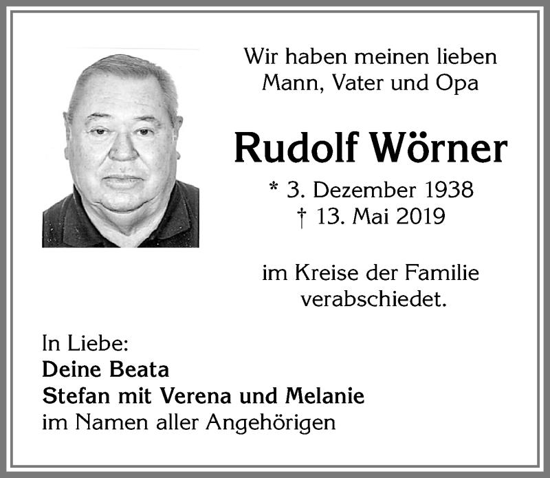 Traueranzeige von Rudolf Wörner von Allgäuer Zeitung,Kempten