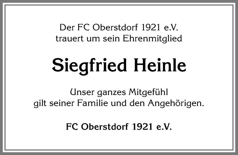 Traueranzeige von Siegfried Heinle von Allgäuer Anzeigeblatt