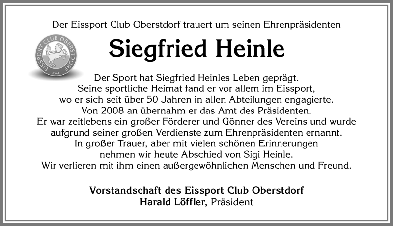 Traueranzeige von Siegfried Heinle von Allgäuer Anzeigeblatt